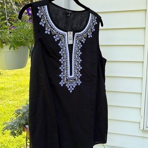 Talbots Black Linen blend Tunic with white and gold embroidery